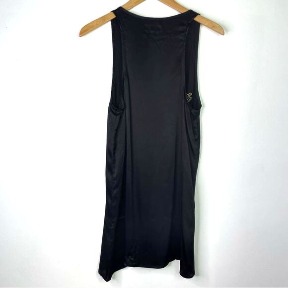 Verameat Black Satin Mini Dress Pretty Kitty Cat Gold Embroidered Large - Picture 3 of 8